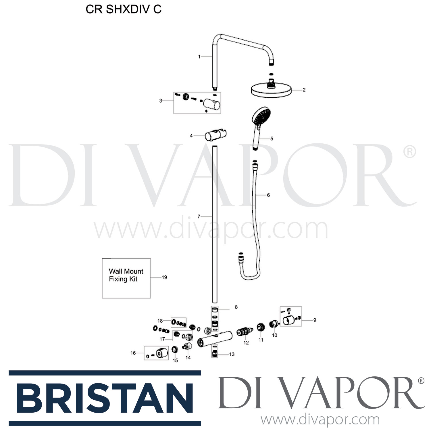 Bristan CR SHXDIV C Carre Exposed Fixed Head Bar Shower with Diverter